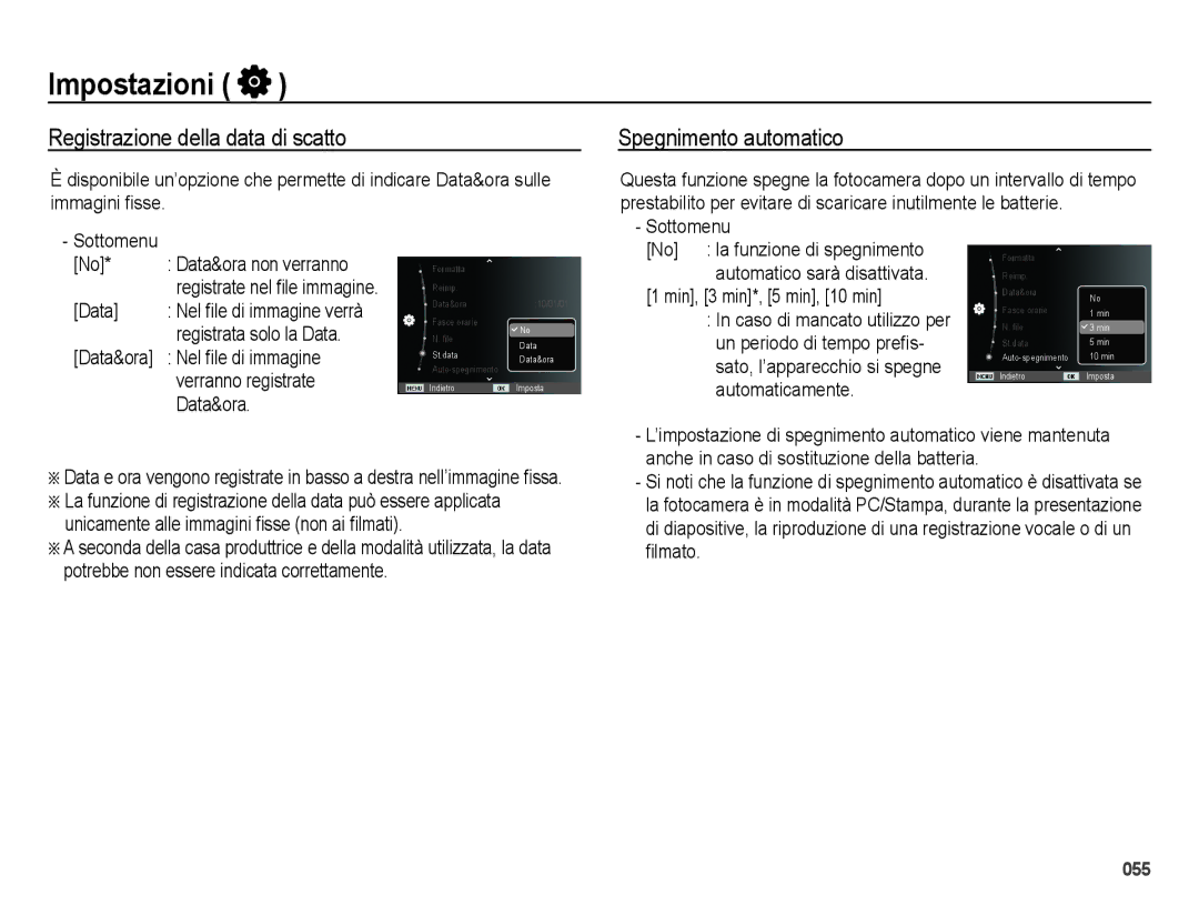 Samsung EC-ES65ZZBPSIT, EC-ES65ZZBPWIT, EC-ES65ZZBPPIT manual Registrazione della data di scatto, Spegnimento automatico 