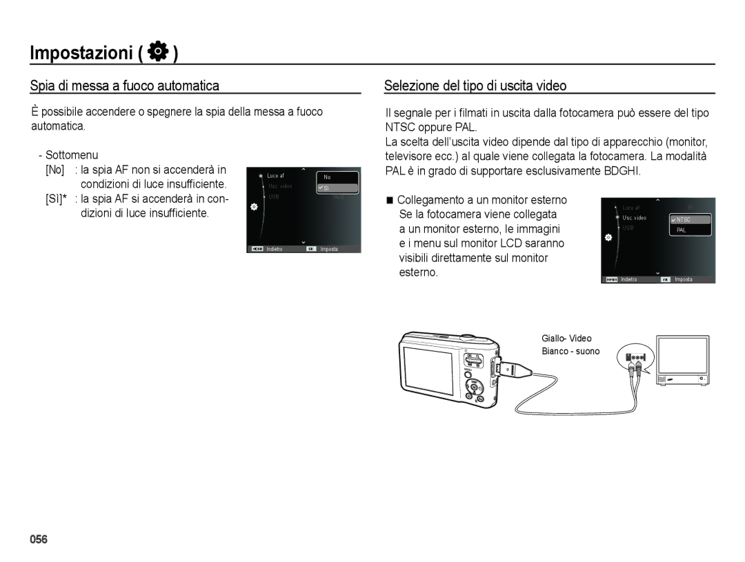 Samsung EC-ES65ZZBPWIT Spia di messa a fuoco automatica, Selezione del tipo di uscita video, Dizioni di luce insufﬁciente 