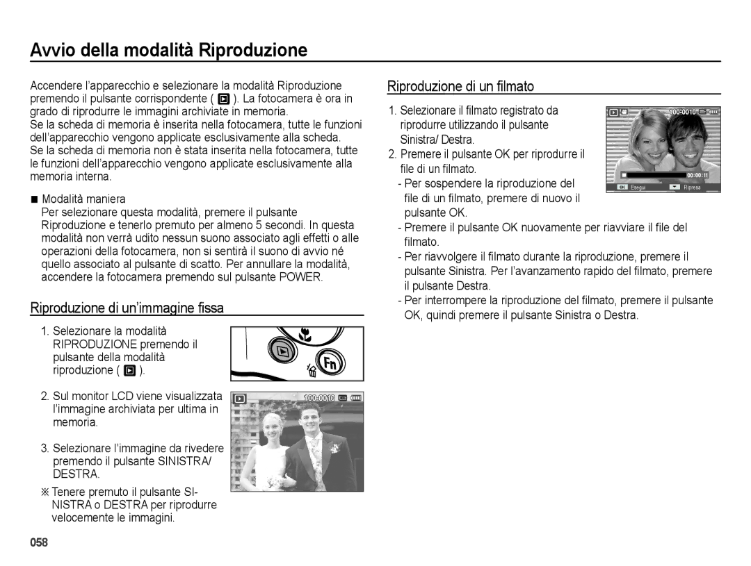 Samsung EC-ES65ZZDPSME Avvio della modalità Riproduzione, Riproduzione di un’immagine ﬁssa, Riproduzione di un ﬁlmato 