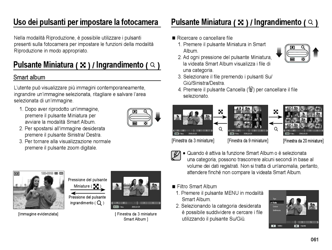 Samsung EC-ES65ZZBPBIT, EC-ES65ZZBPSIT, EC-ES65ZZBPWIT manual Uso dei pulsanti per impostare la fotocamera, Smart album 