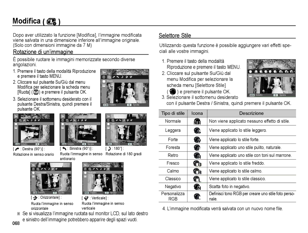 Samsung EC-ES65ZZBPBIT, EC-ES65ZZBPSIT, EC-ES65ZZBPWIT, EC-ES65ZZBPPIT Rotazione di un’immagine, Scheda menu Selettore Stile 