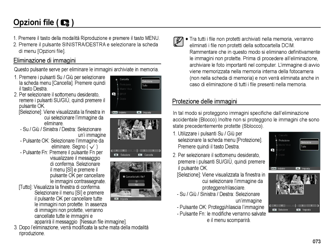 Samsung EC-ES65ZZDPBME, EC-ES65ZZBPSIT, EC-ES65ZZBPWIT Opzioni ﬁle, Eliminazione di immagini, Protezione delle immagini 