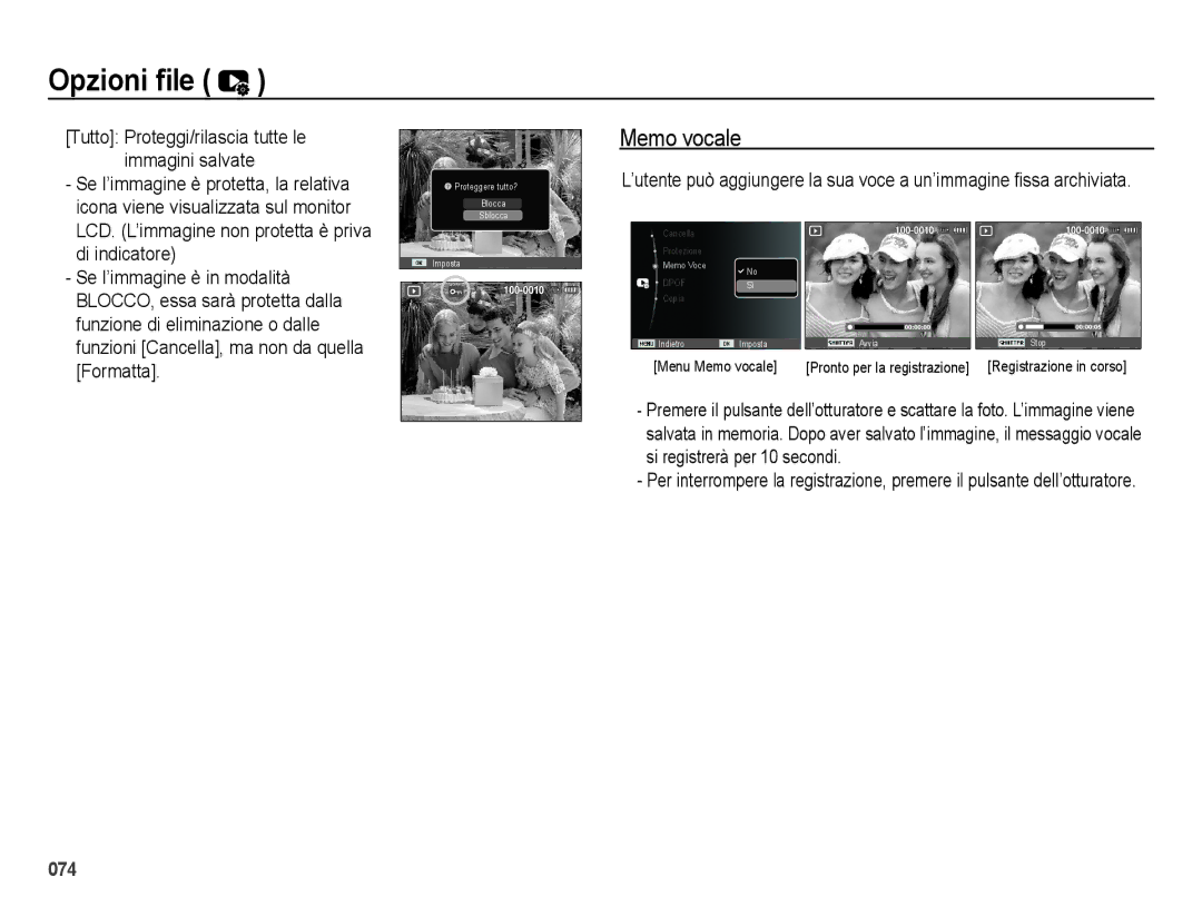 Samsung EC-ES65ZZBPRIT, EC-ES65ZZBPSIT, EC-ES65ZZBPWIT Memo vocale, Di indicatore, Se l’immagine è in modalità, Formatta 