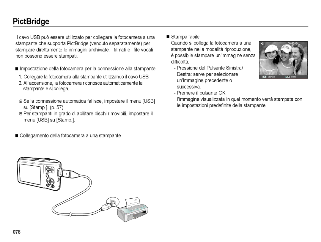 Samsung EC-ES65ZZBPPIT, EC-ES65ZZBPSIT manual PictBridge, Un’immagine precedente o, Successiva Premere il pulsante OK 