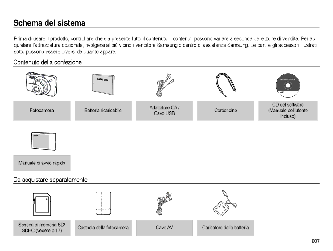 Samsung EC-ES65ZZBPWIT, EC-ES65ZZBPSIT manual Schema del sistema, Contenuto della confezione, Da acquistare separatamente 