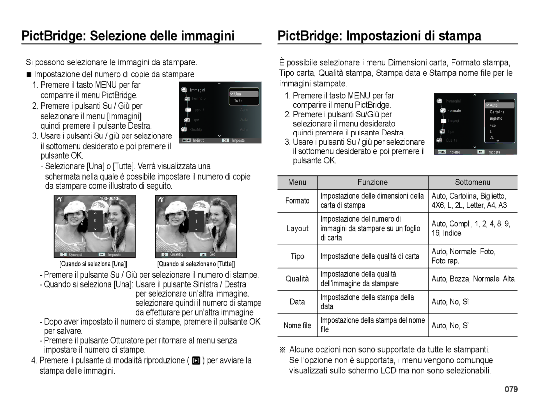 Samsung EC-ES65ZZDPSME, EC-ES65ZZBPSIT manual PictBridge Selezione delle immagini, PictBridge Impostazioni di stampa 