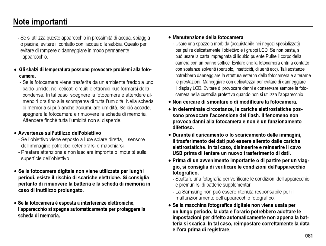 Samsung EC-ES65ZZBPRIT, EC-ES65ZZBPSIT manual Avvertenze sull’utilizzo dell’obiettivo, Manutenzione della fotocamera 