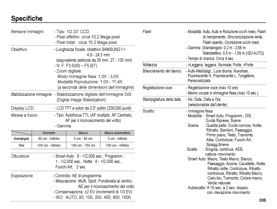 Samsung EC-ES65ZZBPPIT, EC-ES65ZZBPSIT, EC-ES65ZZBPWIT, EC-ES65ZZDPSME, EC-ES65ZZDPBME, EC-ES65ZZBPRIT manual Speciﬁche 