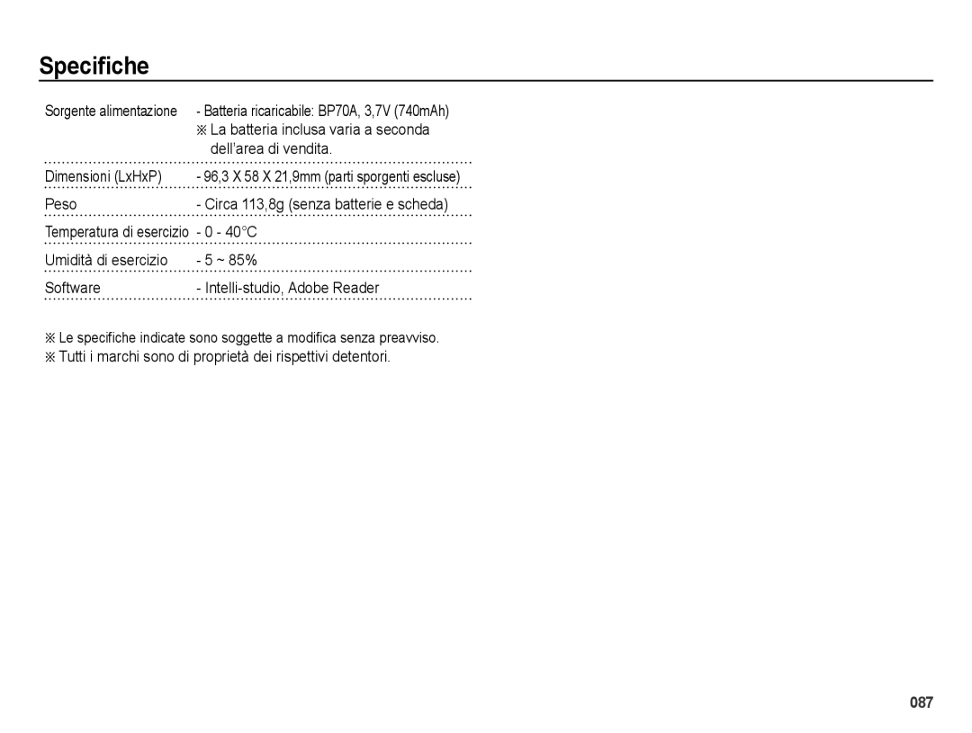 Samsung EC-ES65ZZDPBME, EC-ES65ZZBPSIT, EC-ES65ZZBPWIT, EC-ES65ZZBPPIT Dell’area di vendita, Dimensioni LxHxP, Peso, 40C 