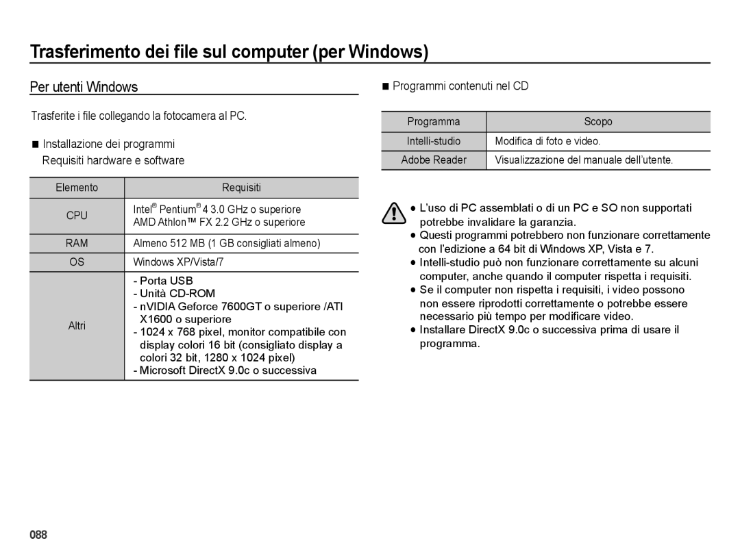 Samsung EC-ES65ZZBPRIT Trasferimento dei ﬁle sul computer per Windows, Per utenti Windows, Programmi contenuti nel CD 