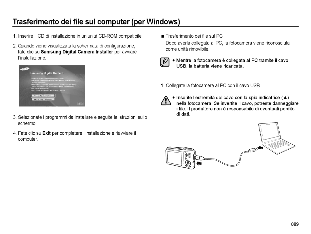 Samsung EC-ES65ZZBPBIT, EC-ES65ZZBPSIT, EC-ES65ZZBPWIT, EC-ES65ZZBPPIT manual Collegate la fotocamera al PC con il cavo USB 