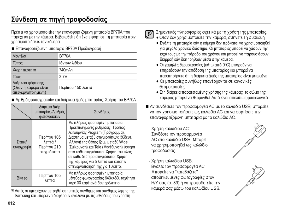 Samsung EC-ES65ZZBPBE3 manual Σύνδεση σε πηγή τροφοδοσίας, Σημαντικές πληροφορίες σχετικά με τη χρήση της μπαταρίας 