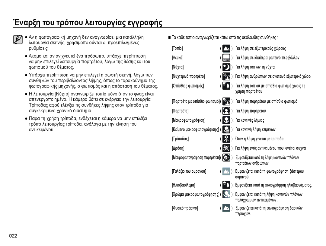 Samsung EC-ES65ZZBPSE3 Νύχτα Για λήψη τοπίων τη νύχτα, Χρήση πορτρέτου, Πορτρέτο Για λήψη πορτρέτου, Για κοντινές λήψεις 