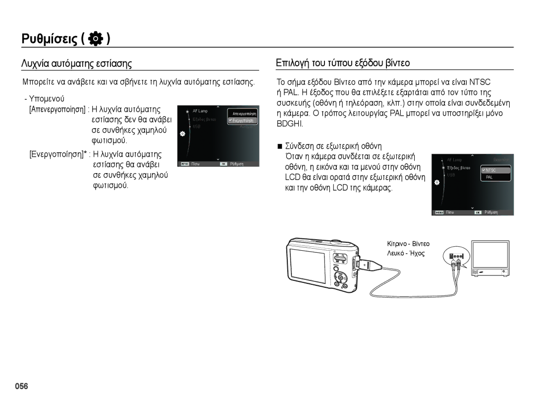 Samsung EC-ES65ZZBPWE3 manual Λυχνία αυτόματης εστίασης, Επιλογή του τύπου εξόδου βίντεο, Φωτισμού, Εστίασης θα ανάβει 