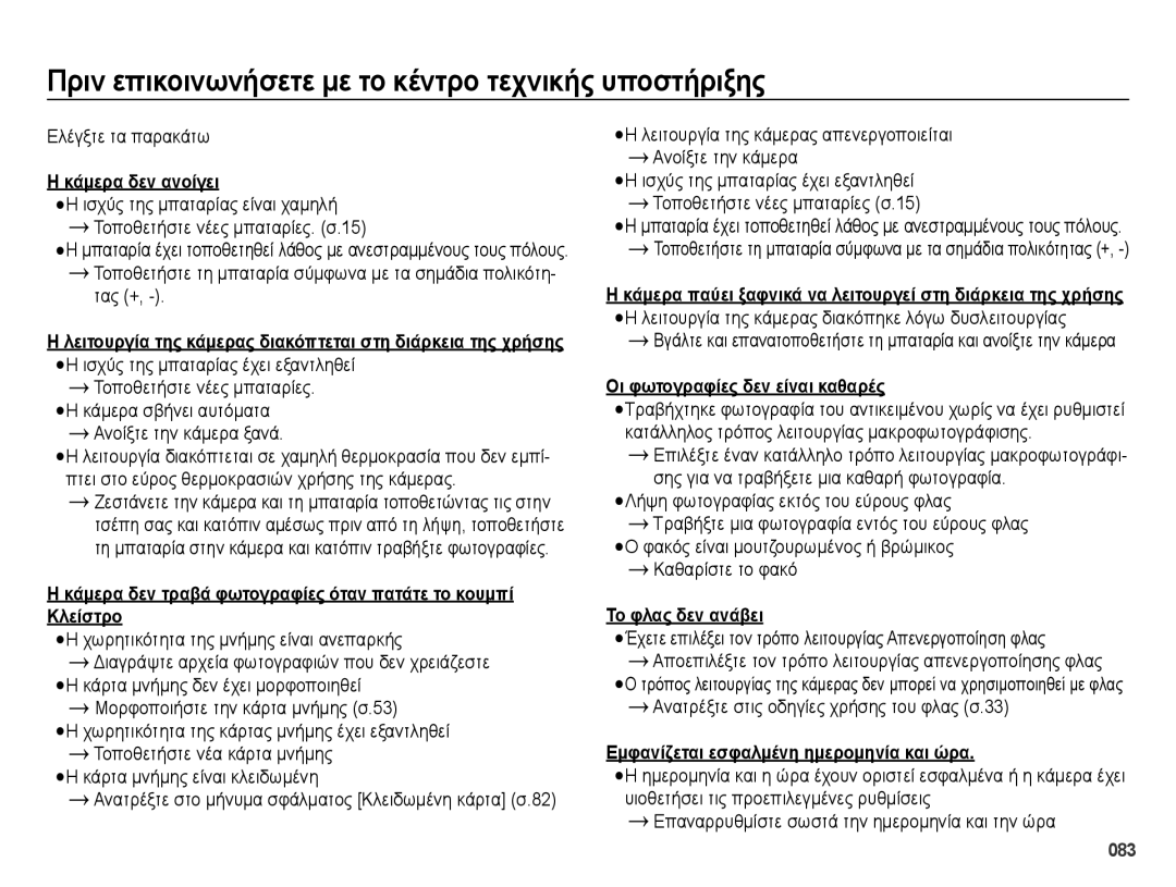 Samsung EC-ES65ZZBPWE3, EC-ES65ZZBPBE3 manual Πριν επικοινωνήσετε με το κέντρο τεχνικής υποστήριξης, Κάμερα δεν ανοίγει 