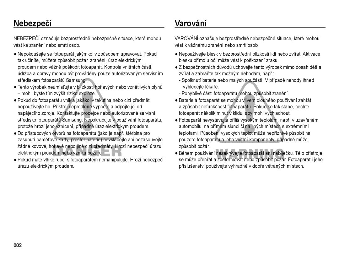 Samsung EC-ES65ZZBPSE3, EC-ES65ZZBPWE3, EC-ES65ZZBPPE3 manual Nebezpečí, Varování, Mohli byste tím zvýšit riziko exploze 