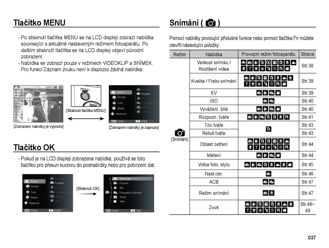 Samsung EC-ES65ZZBPSE3, EC-ES65ZZBPWE3, EC-ES65ZZBPPE3, EC-ES65ZZBPBE3 manual Tlačítko Menu Snímání, Tlačítko OK, Zobrazení 