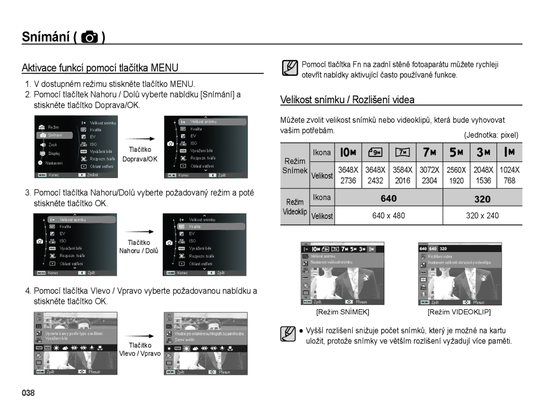 Samsung EC-ES65ZZBPRE3, EC-ES65ZZBPWE3 manual Aktivace funkcí pomocí tlačítka Menu, 2736 2432 2016 2304 1920 1536 768, 640 x 