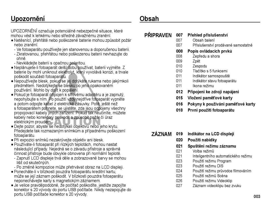 Samsung EC-ES65ZZBPRE3, EC-ES65ZZBPWE3, EC-ES65ZZBPPE3, EC-ES65ZZBPBE3, EC-ES65ZZBPSE3 manual Upozornění, Obsah 