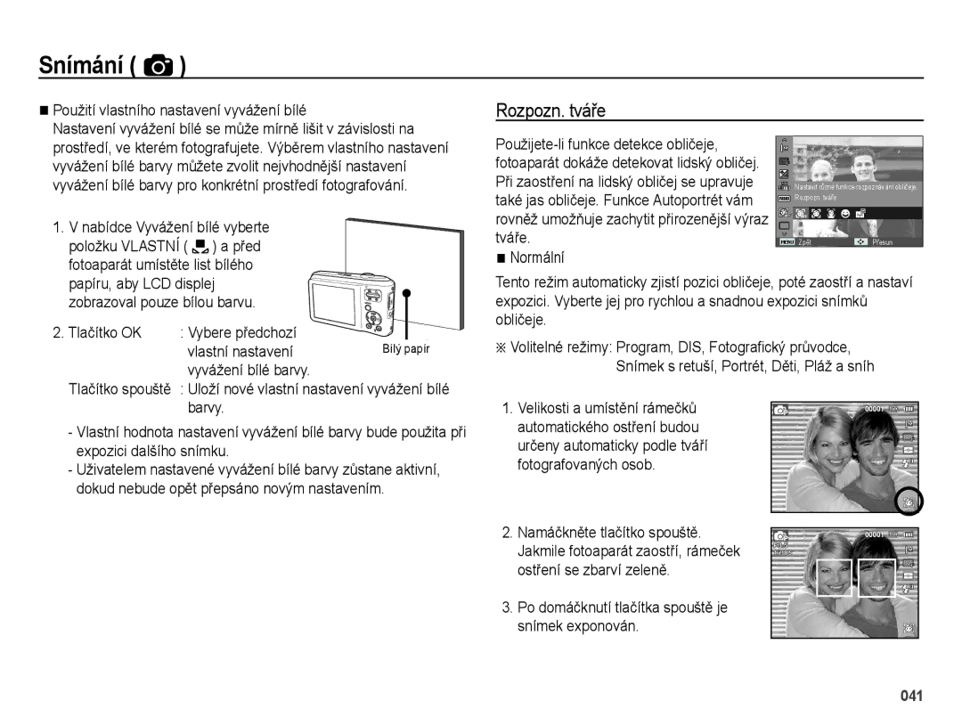 Samsung EC-ES65ZZBPBE3 manual Rozpozn. tváře, Použití vlastního nastavení vyvážení bílé, Tlačítko OK Vybere předchozí 