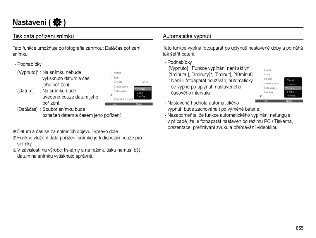 Samsung EC-ES65ZZBPPE3 Tisk data pořízení snímku, Automatické vypnutí, Datum a čas se na snímcích objevují vpravo dole 