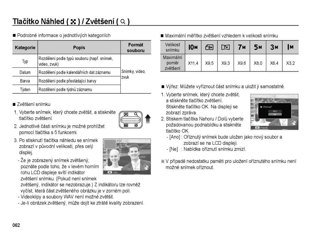 Samsung EC-ES65ZZBPSE3 manual Podrobné informace o jednotlivých kategoriích, Videoklipy a soubory WAV není možné zvětšit 