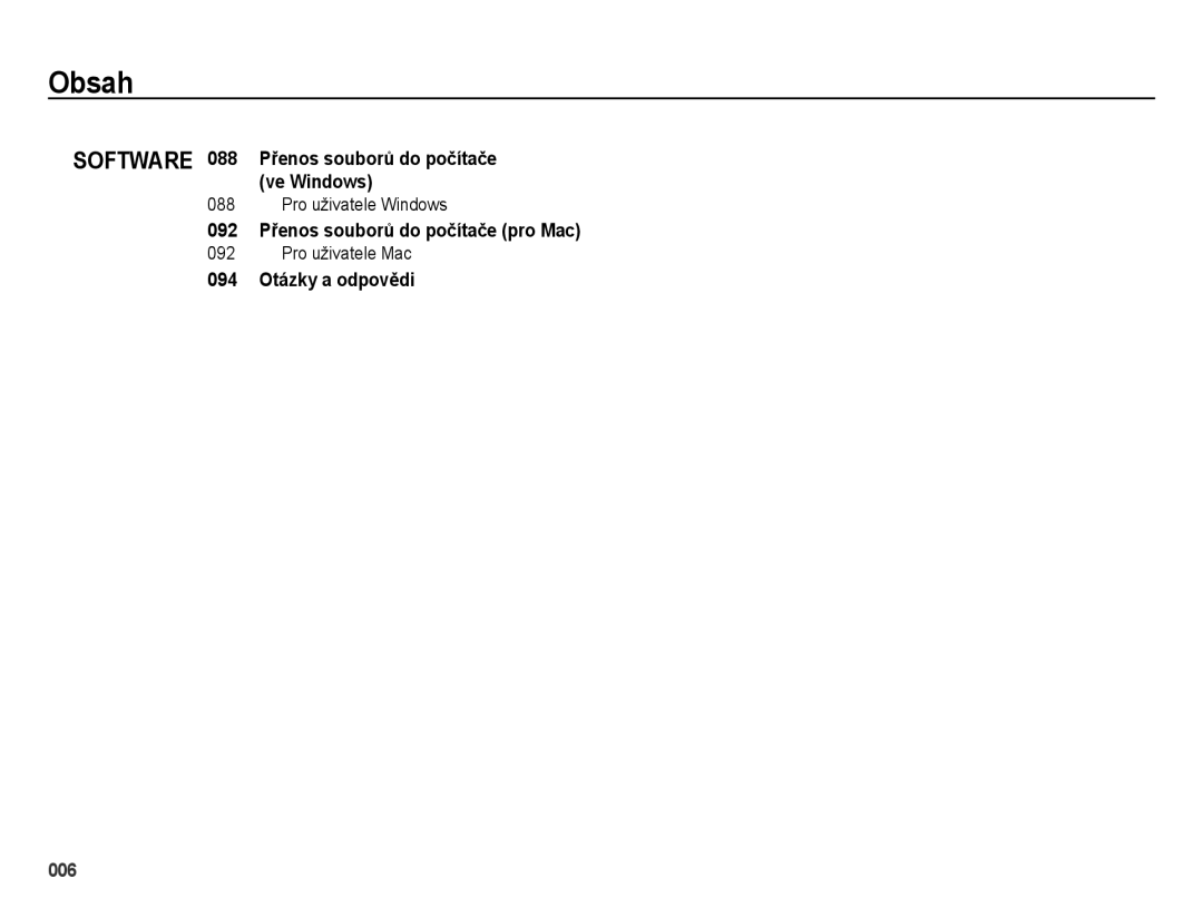 Samsung EC-ES65ZZBPBE3 manual Software 088 Přenos souborů do počítače ve Windows, 092 Přenos souborů do počítače pro Mac 