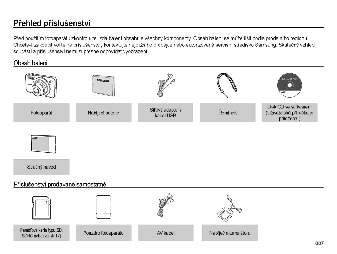 Samsung EC-ES65ZZBPSE3, EC-ES65ZZBPWE3 manual Přehled příslušenství, Obsah balení, Příslušenství prodávané samostatně 