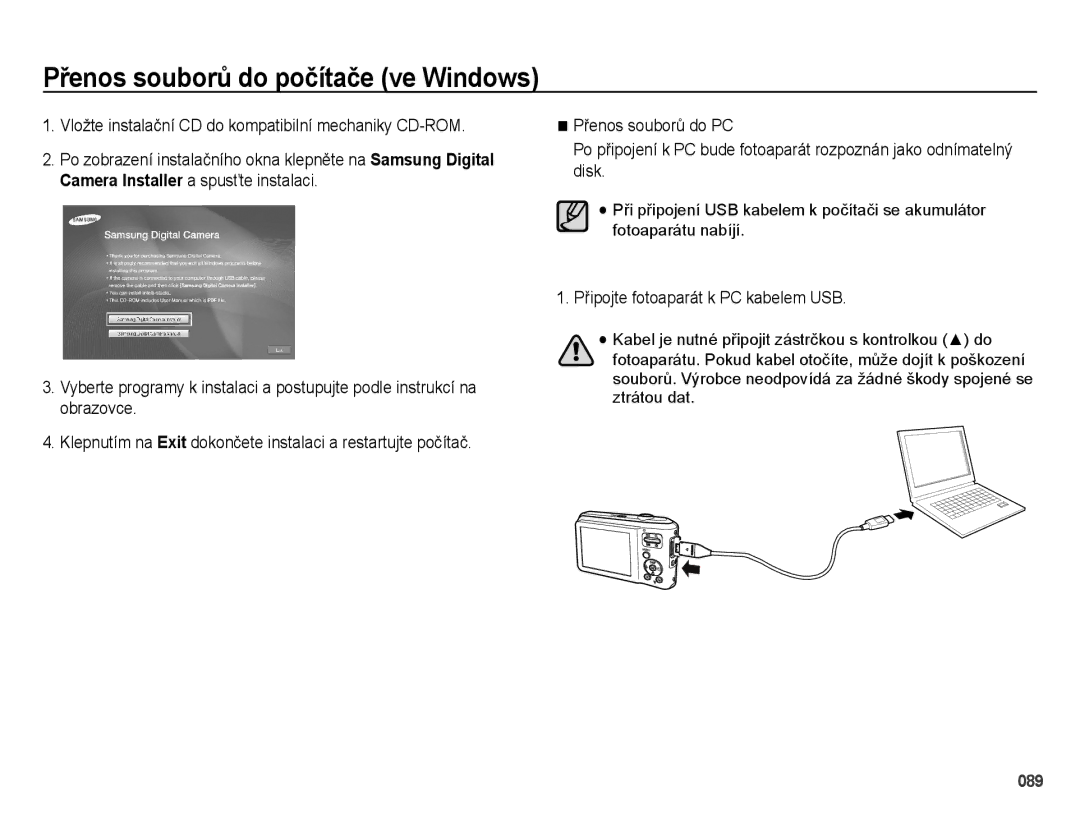 Samsung EC-ES65ZZBPWE3 manual Vložte instalační CD do kompatibilní mechaniky CD-ROM, Připojte fotoaparát k PC kabelem USB 