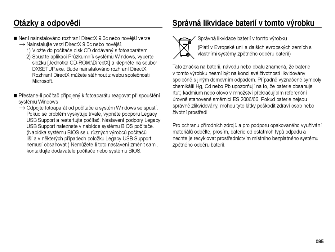 Samsung EC-ES65ZZBPPE3, EC-ES65ZZBPWE3, EC-ES65ZZBPBE3, EC-ES65ZZBPSE3 manual Správná likvidace baterií v tomto výrobku 