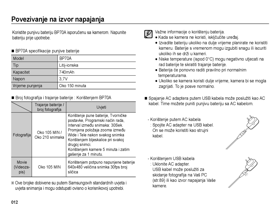 Samsung EC-ES65ZZBPSE3 manual Povezivanje na izvor napajanja, Broj fotograﬁja i trajanje baterije Korištenjem BP70A 