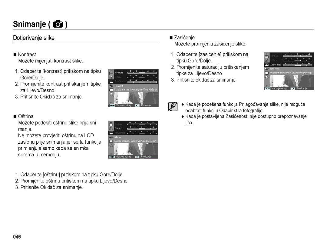 Samsung EC-ES65ZZBPBE3, EC-ES65ZZBPWE3 manual Dotjerivanje slike, Odaberite zasićenje pritiskom na tipku Gore/Dolje 