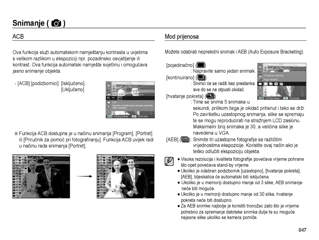 Samsung EC-ES65ZZBPSE3 manual Mod prijenosa, Sve do se ne otpusti okidač, Teško odlučiti ekspoziciju objekta, Kontinuirano 