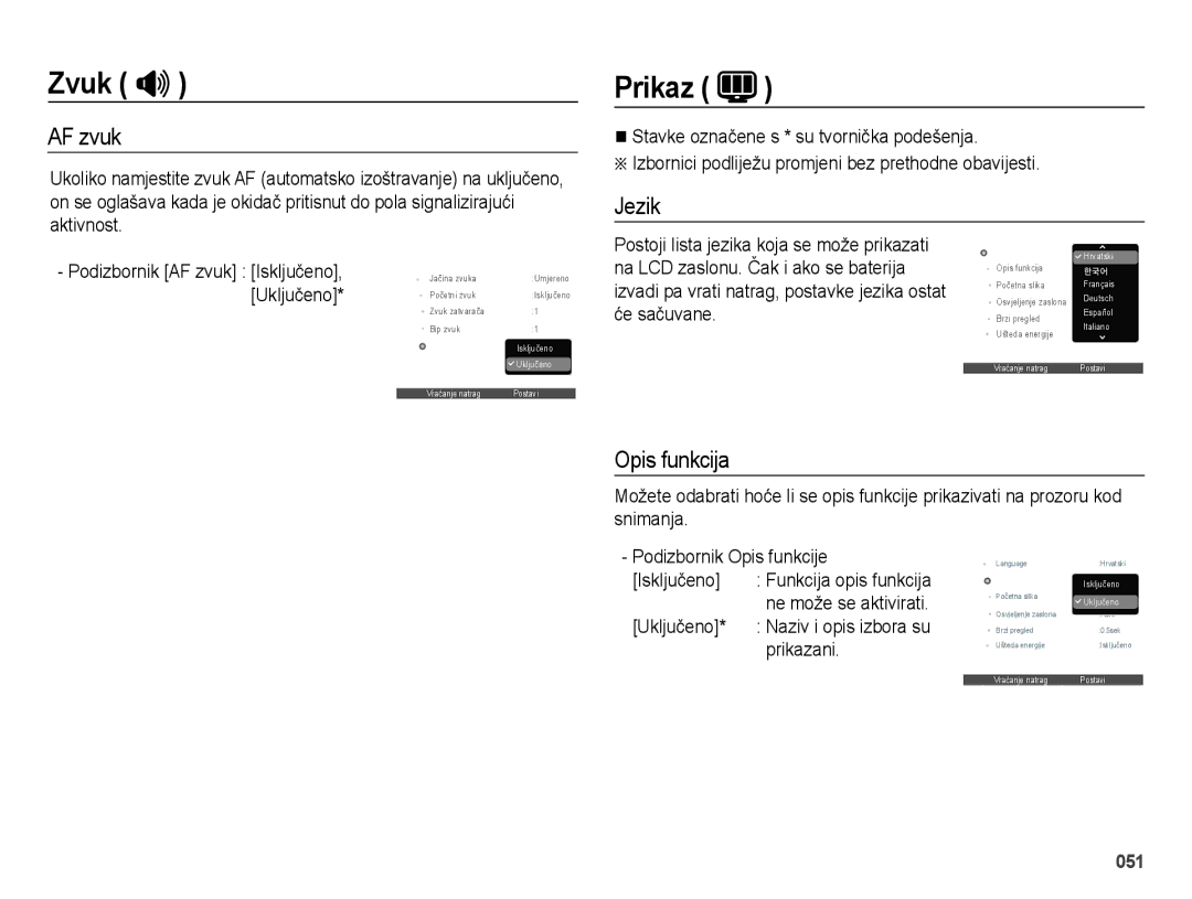 Samsung EC-ES65ZZBPBE3, EC-ES65ZZBPWE3, EC-ES65ZZBPPE3, EC-ES65ZZBPSE3, EC-ES65ZZBPRE3 Prikaz, AF zvuk, Jezik, Opis funkcija 