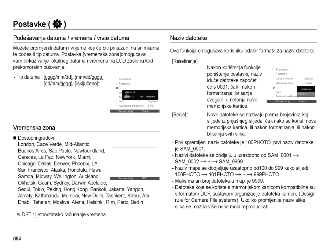 Samsung EC-ES65ZZBPWE3, EC-ES65ZZBPPE3 manual Podešavanje datuma / vremena / vrste datuma, Naziv datoteke, Vremenska zona 