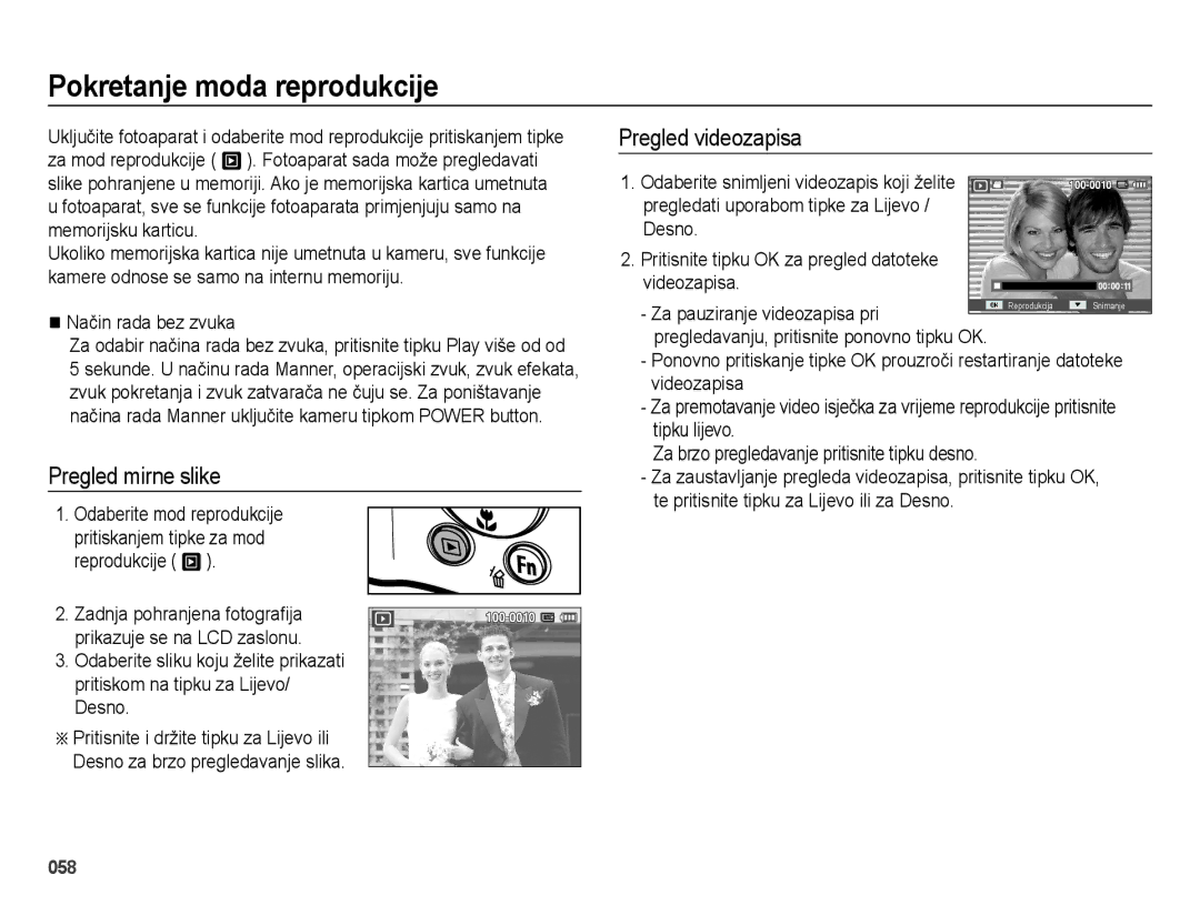 Samsung EC-ES65ZZBPRE3, EC-ES65ZZBPWE3 manual Pokretanje moda reprodukcije, Pregled mirne slike, Pregled videozapisa 