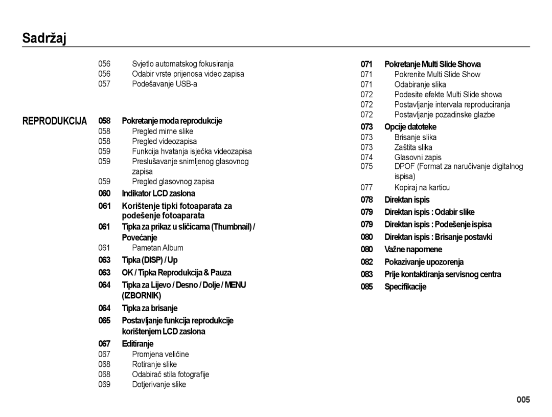 Samsung EC-ES65ZZBPPE3 Reprodukcija 058 Pokretanje moda reprodukcije, Indikator LCD zaslona, Editiranje, Opcije datoteke 