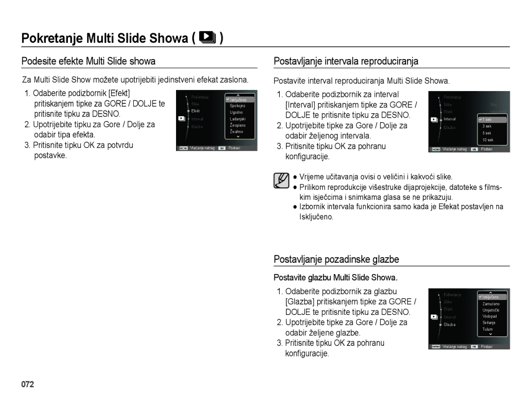 Samsung EC-ES65ZZBPSE3, EC-ES65ZZBPWE3 manual Podesite efekte Multi Slide showa, Postavljanje intervala reproduciranja 