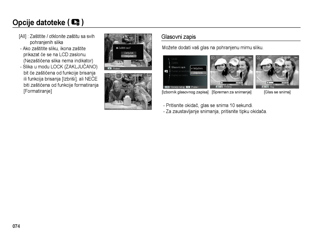 Samsung EC-ES65ZZBPWE3 manual Glasovni zapis, All Zaštitite / otklonite zaštitu sa svih pohranjenih slika, Formatiranje 