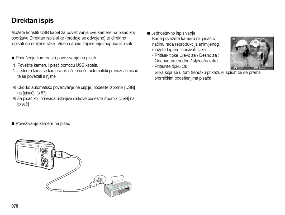 Samsung EC-ES65ZZBPRE3, EC-ES65ZZBPWE3, EC-ES65ZZBPPE3, EC-ES65ZZBPBE3, EC-ES65ZZBPSE3 Direktan ispis, Pritisnite tipku Ok 