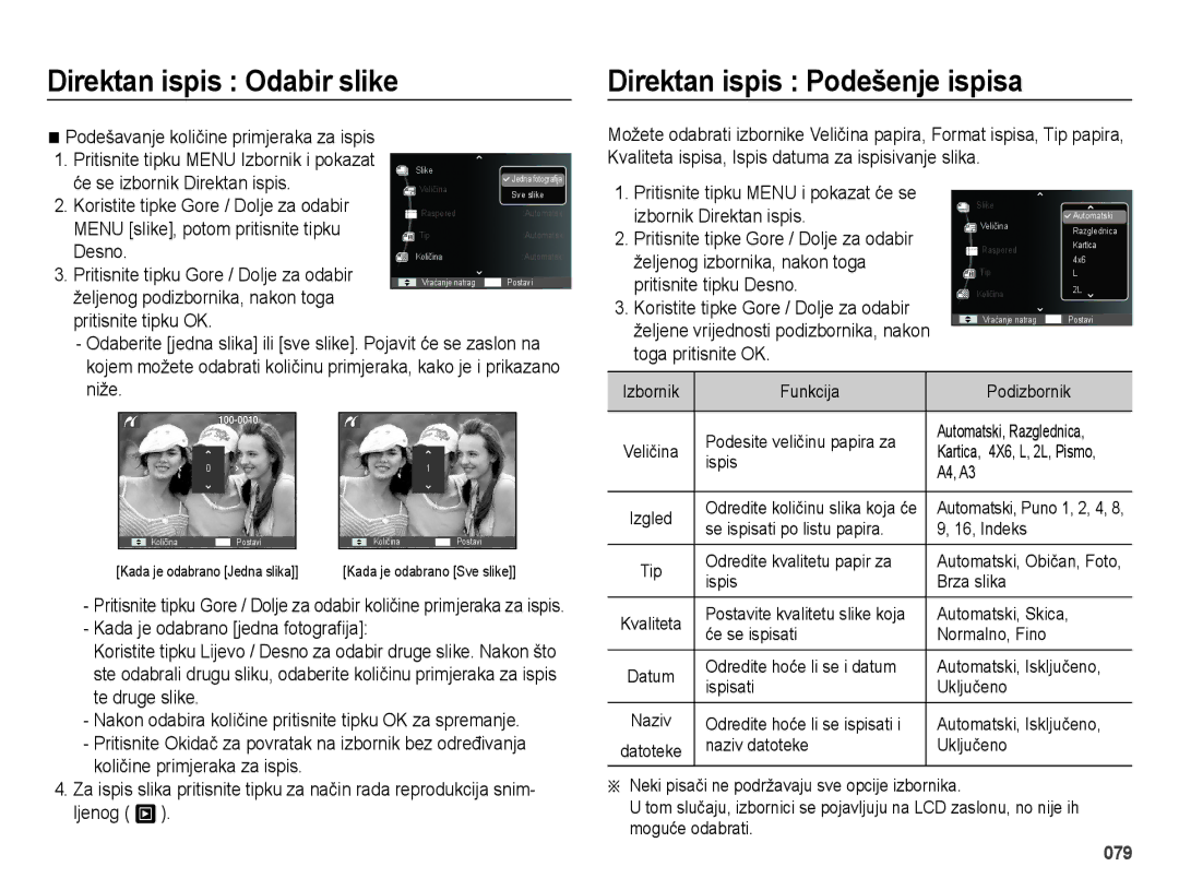 Samsung EC-ES65ZZBPWE3, EC-ES65ZZBPPE3 Direktan ispis Odabir slike, Direktan ispis Podešenje ispisa, Pritisnite tipku OK 