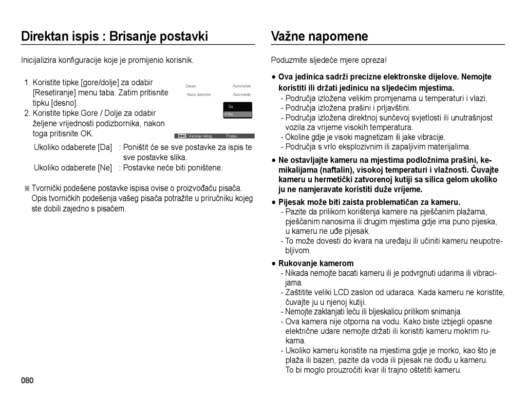 Samsung EC-ES65ZZBPPE3 Direktan ispis Brisanje postavki, Važne napomene, Pijesak može biti zaista problematičan za kameru 