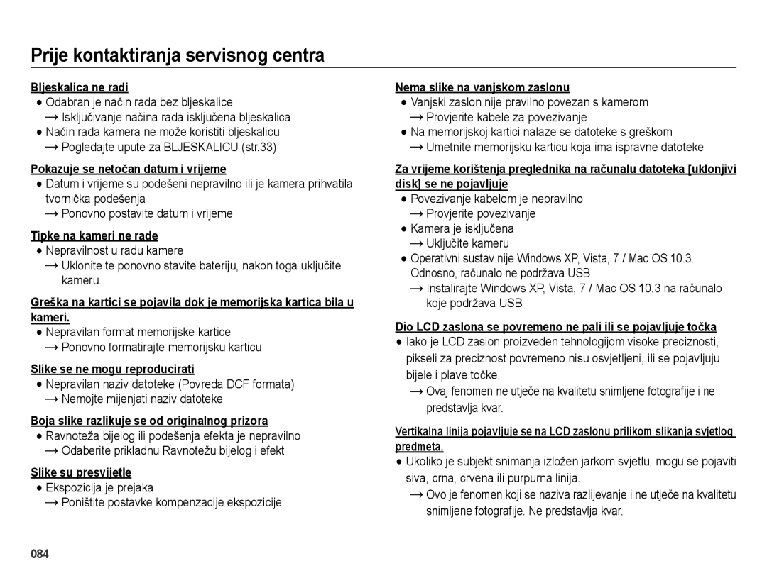 Samsung EC-ES65ZZBPWE3 manual Bljeskalica ne radi, Pokazuje se netočan datum i vrijeme, Slike se ne mogu reproducirati 