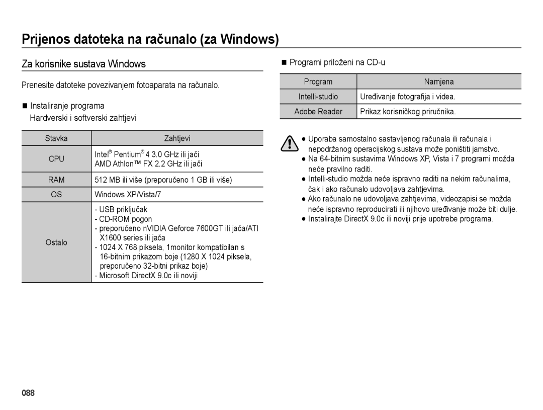 Samsung EC-ES65ZZBPRE3 Prijenos datoteka na računalo za Windows, Za korisnike sustava Windows, Programi priloženi na CD-u 