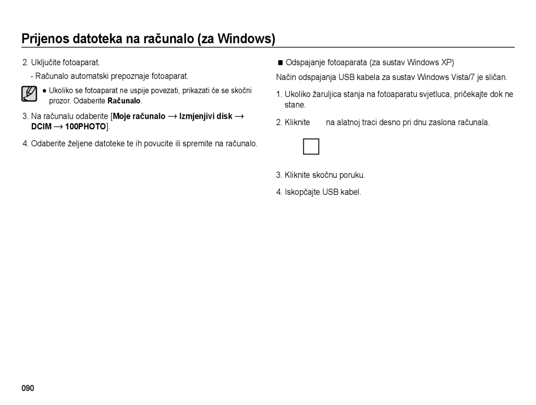 Samsung EC-ES65ZZBPPE3 manual Odspajanje fotoaparata za sustav Windows XP, Kliknite skočnu poruku Iskopčajte USB kabel 