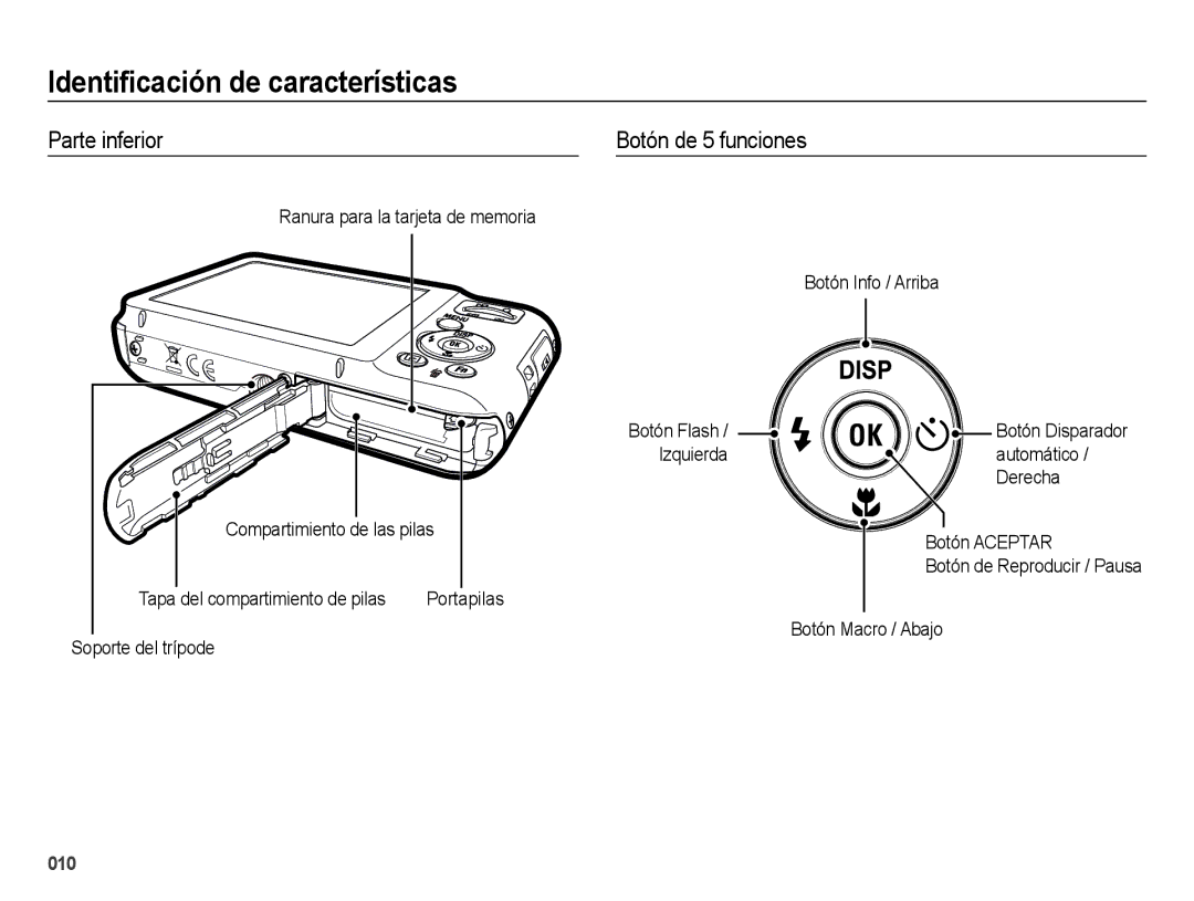 Samsung EC-ES65ZZBPBE1 Parte inferior Botón de 5 funciones, Soporte del trípode Botón Macro / Abajo, Botón Disparador 