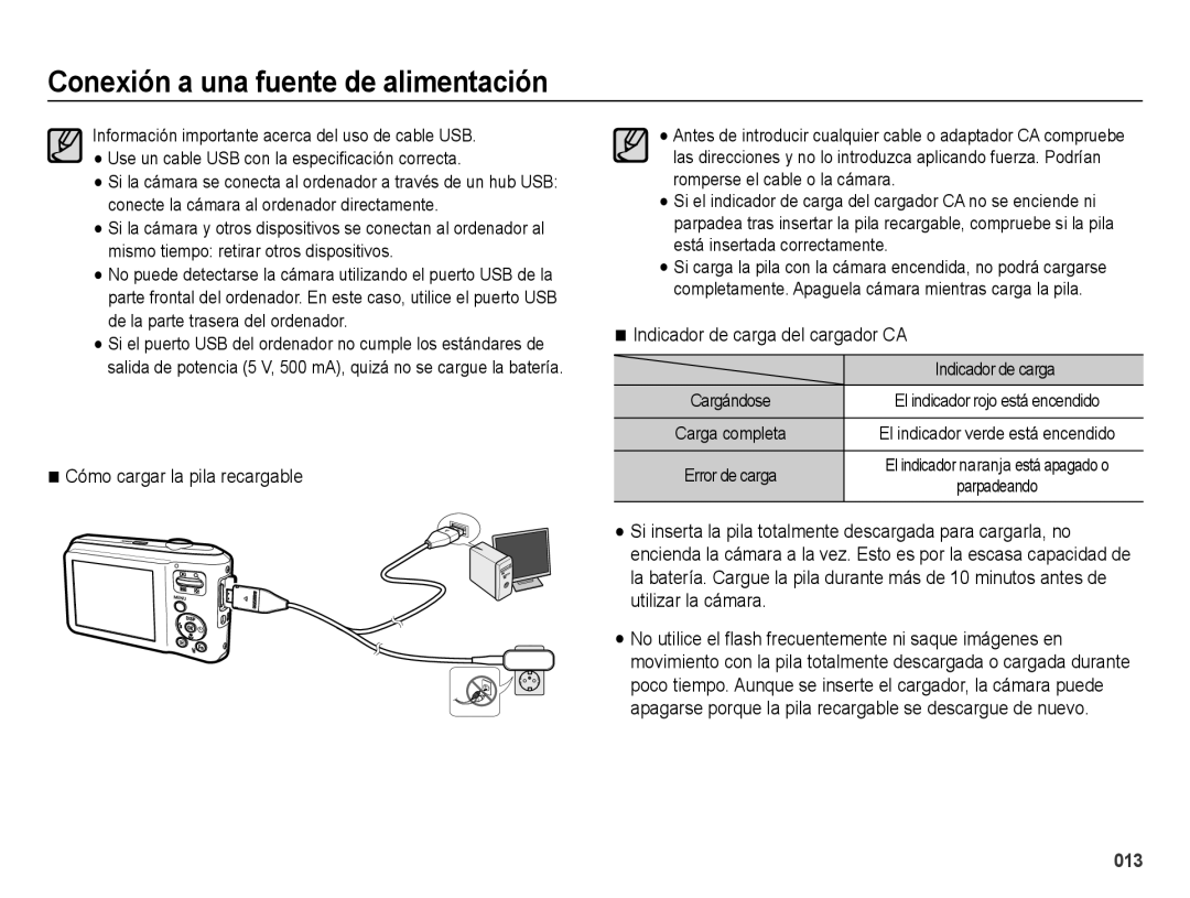 Samsung EC-ES65ZZBPWE1, EC-ES67ZZBPBE1, EC-ES65ZZBPBE1 Cómo cargar la pila recargable, Indicador de carga del cargador CA 