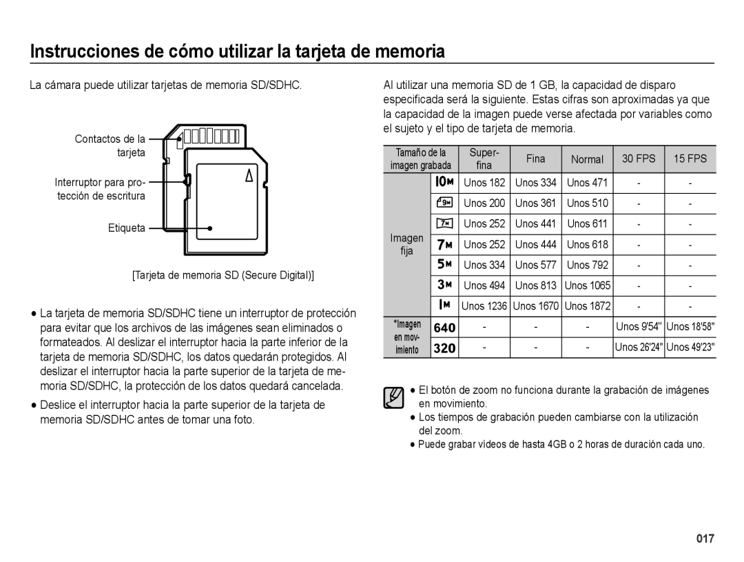 Samsung EC-ES65ZZBPPE1, EC-ES67ZZBPBE1 manual La cámara puede utilizar tarjetas de memoria SD/SDHC, Contactos de la tarjeta 