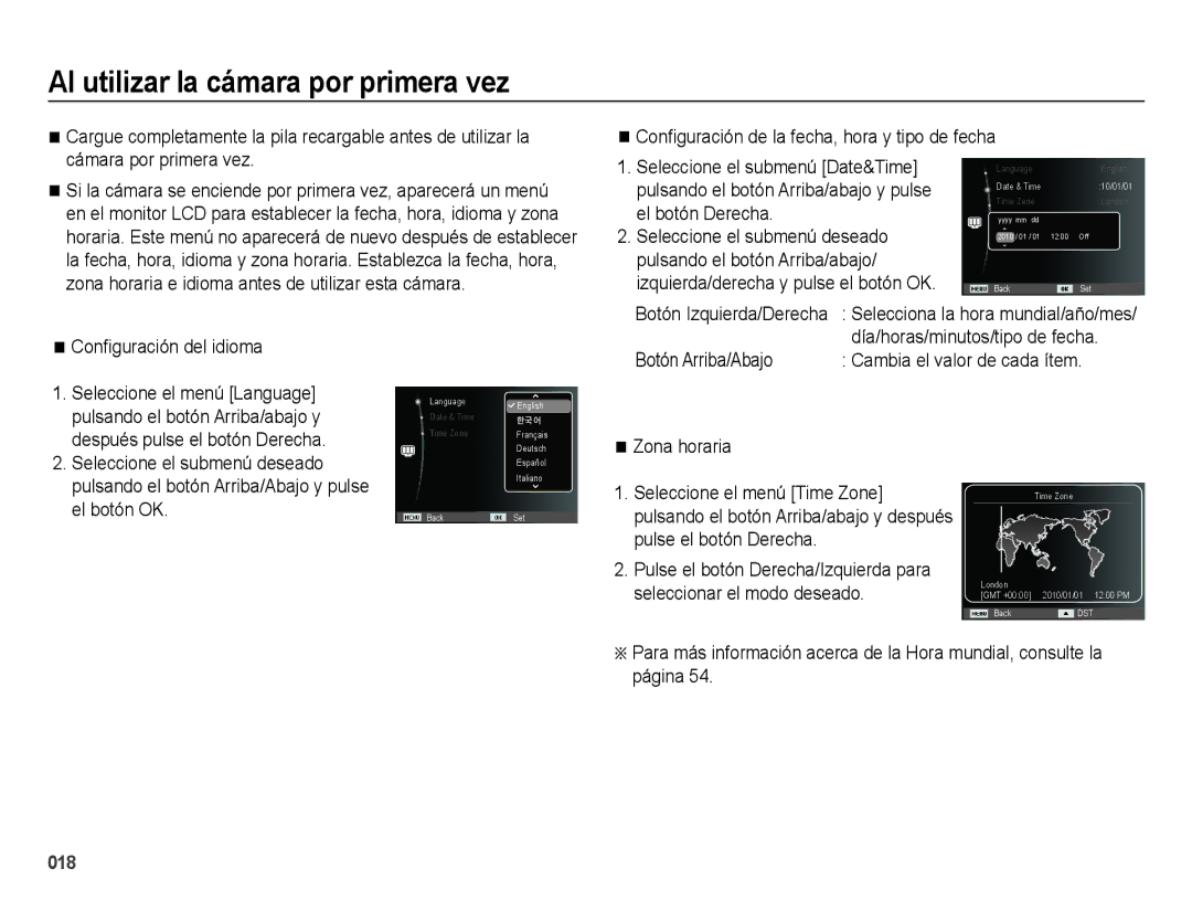 Samsung EC-ES65ZZBPSE1 manual Al utilizar la cámara por primera vez, Conﬁguración del idioma, Botón Izquierda/Derecha 