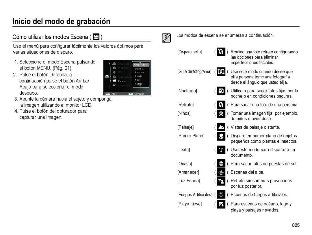 Samsung EC-ES67ZZBPPE1, EC-ES67ZZBPBE1, EC-ES65ZZBPBE1, EC-ES65ZZBPRE1, EC-ES67ZZBPRE1 manual Cómo utilizar los modos Escena 